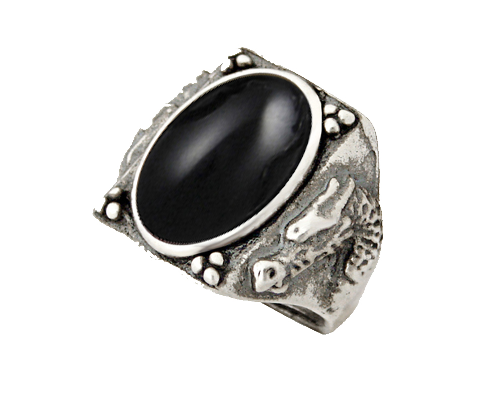 Sterling Silver Heavy Weight Dragon Ring With Black Onyx Size 10